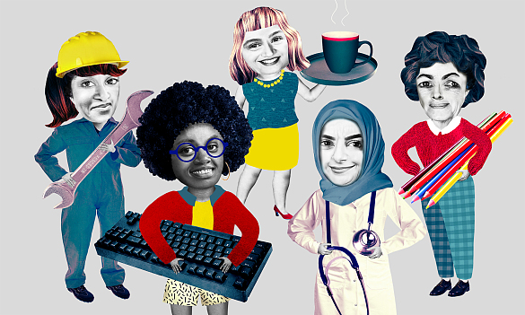Grafik die mehrere Frauen zeigt, die Attribute verschiedener Berufe tragen wie z. B. einen Schraubenschlüssel, ein Computer-Tastatur oder ein Tablett mit einer Tasse darauf